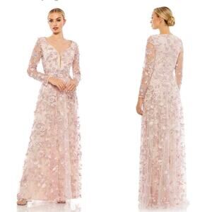Mac Duggal 70224 Pink Floral Appliqué Long Sleeve Illusion Gown size 8 NWT
